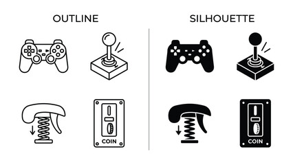 Retro Gaming Icons: A collection of classic video game controller, arcade joystick, spring-loaded controller, and coin-operated machine icons presented in both outline and silhouette styles. © abidakhatun
