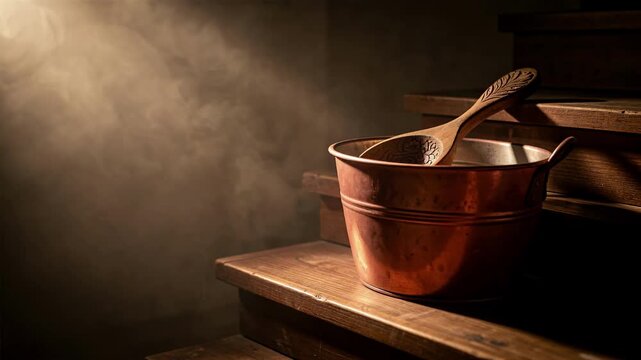 Rustic Copper Bucket With Wooden Ladle.