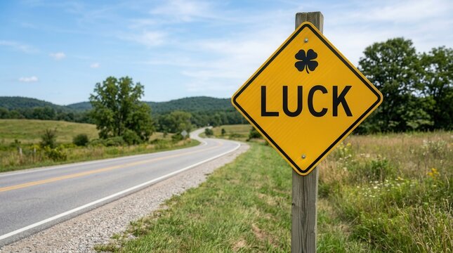 Roadside Luck Sign On A Scenic Country Highway Driving Toward Hope And Opportunity