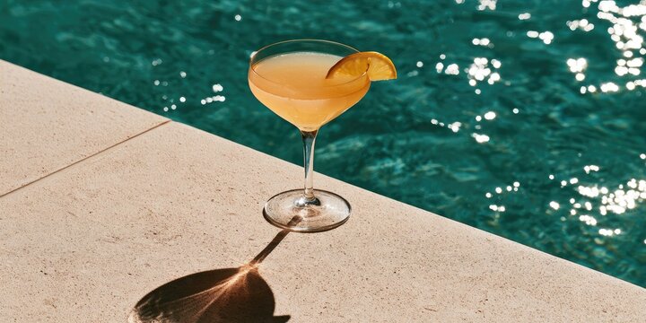 A refreshing orange cocktail sits by the sparkling blue pool water