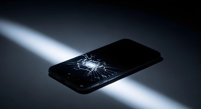 Modern black smartphone with severely broken cracked glass screen lying on dark surface under dramatic spotlight for phone repair services and tech insurance