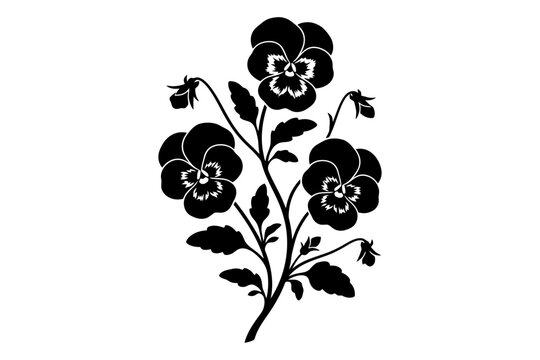 Black silhouette of pansy flowers with detailed petals and leaves on white background.