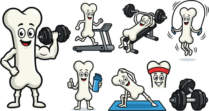 Cute Cartoon Bone Character Vector Set Featuring Fit Mascot Lifting Dumbbells Running On Treadmill and Doing Yoga for Gym and Bone Health Graphics