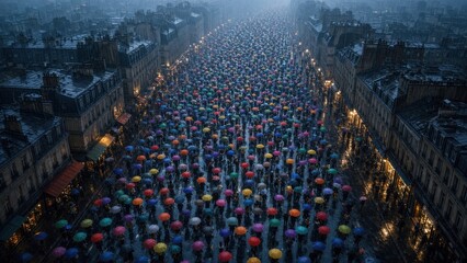 Fototapeta premium Aerial View of Crowd with Colorful Umbrellas in Rainy City Street