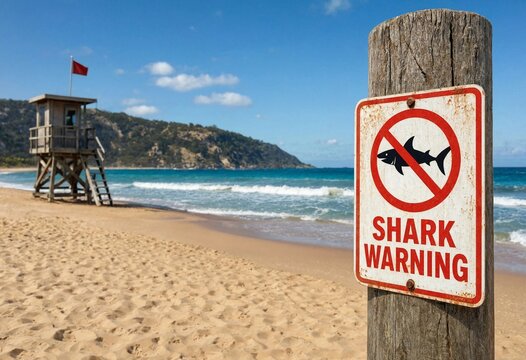 A shark warning sign on a wooden post at a sunny beach with a lifeguard tower and blue ocean waves in the background
