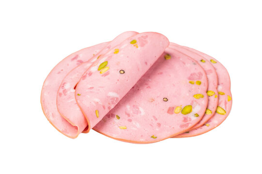 Slices Of Traditional Italian antipasti mortadella Bolognese isolated on white background. top view