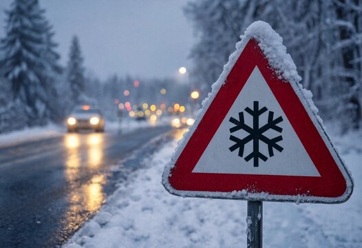A winter road sign with a snowflake symbol warning of icy and slippery driving conditions on a snowy highway