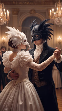 Masquerade ball couple dancing in ornate ballroom. Heterosexual pair wearing bird masks and vintage formal attire at luxury gala event.