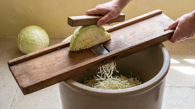 Hands using a traditional wooden cabbage slicer to prepare sauerkraut with shredding cabbage sauerkraut preparation kitchen tool traditional cooking fermented food shredder