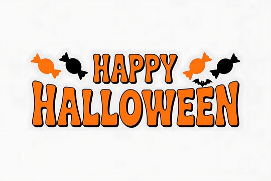 Happy halloween text design with orange and black candy and bat silhouettes on a white background