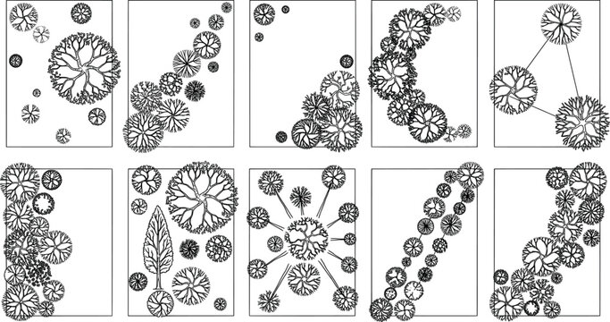 Collection of landscape design tree planting patterns and site layouts