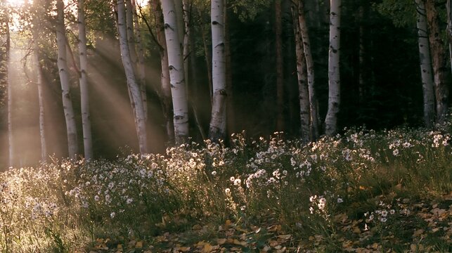 Crepuscular rays shining through trees over a meadow