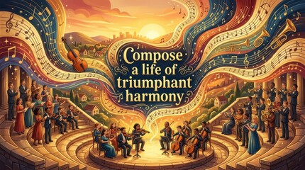 Fototapeta premium Orchestra Performing Music Under Golden Sunset with Triumphant Harmony Typography Illustration