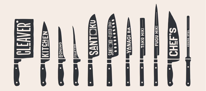 Knife, collection. Fish, meat cutting kitchen knives set. Poster butcher diagram scheme, Fish, meat Knife. Set butcher meat knives, butcher shop. Knife icon, knives silhouette. Vector illustration