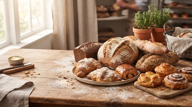 Artisan bakery bread assortment on wooden table, rustic sourdough loaves and sweet pastries, fresh organic baked goods in morning light