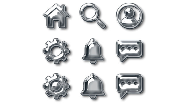 Metallic silver web icons set. Glossy chrome symbols for home, search, user, settings, notification bell, and chat speech bubble. 3D liquid metal UI design elements isolated on transparent background.