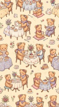 Playful hand-painted watercolor pattern featuring teddy bears enjoying tea parties with teacups, cakes, flowers and charming miniature accessories.