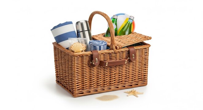 Picnic Basket Essentials: A woven picnic basket overflowing with beach essentials like towels, a thermos, a ball, and a seashell, ready for a day of fun and relaxation.