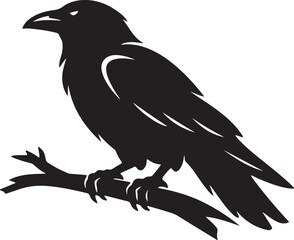 Fototapeta premium Black Crow Silhouette Perched on Tree Branch Bird Illustration