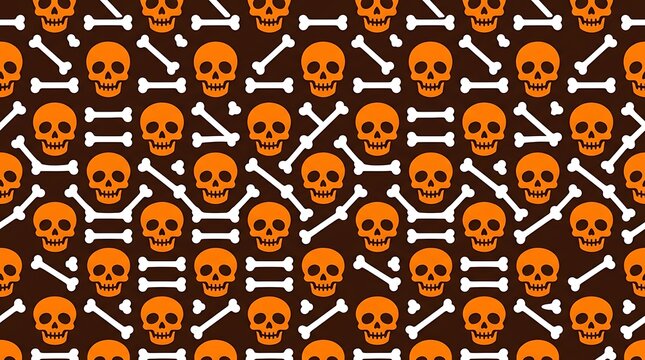 Orange skull and bone patterns repeating on a deep brown backdrop for spooky holiday festive decorations