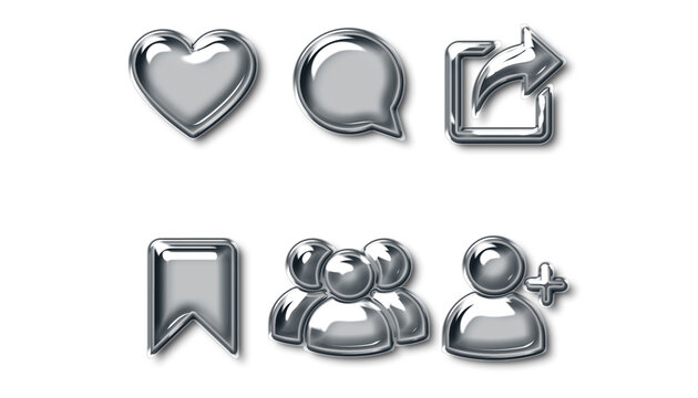 Metallic social media icon set. Shiny chrome 3D buttons including heart, speech bubble, share, bookmark, group, and add friend symbols. Glossy silver user interface elements isolated on transparent