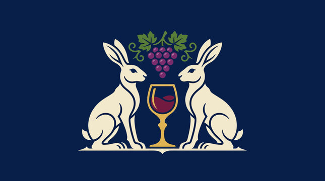 Rabbit pair facing a wine glass under grapes.