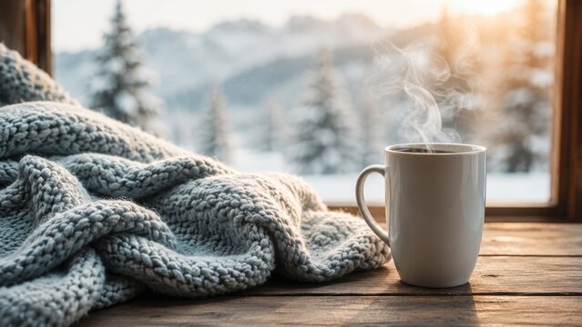 A steaming white mug of hot coffee next to a soft grey knitted blanket by a window in the wintertime