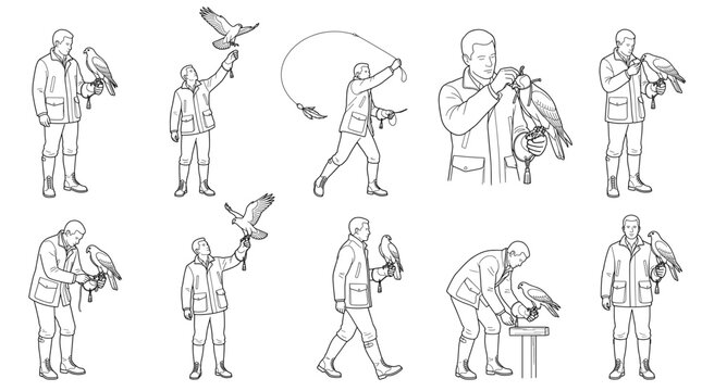 Falconer handling hawk Line Art Set Vector Designs