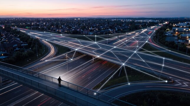Smart city highway interchange at dusk with glowing network connections overlay, representing internet of things, data traffic, logistics and transportation technology