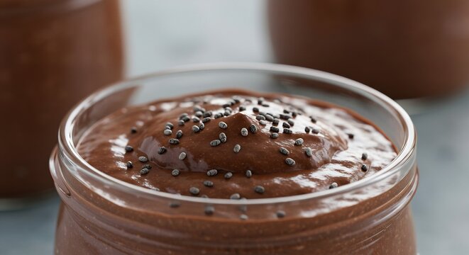 Decadent Chocolate Chia Seed Pudding: A close-up of a creamy chocolate pudding topped with a sprinkle of chia seeds, served in a glass jar, showcasing a healthy and indulgent dessert.