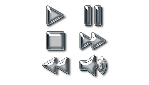 Metallic media player button set. Glossy silver chrome icons for play, pause, stop, fast forward, rewind, and volume control. Isolated on transparent background for web and application design.