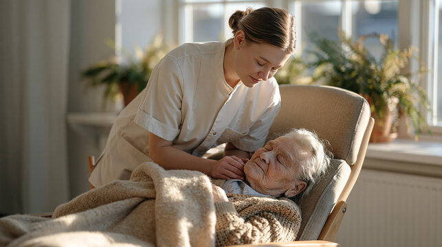 Belarusian nursing aide adjusts a wool blanket over an elderly resident dozing in a sunlit common room armchair, potted ferns lining the windowsill, afternoon light softening the