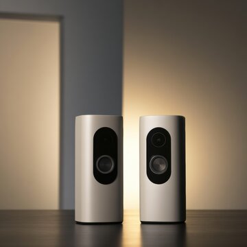 Two security devices stand on a dark surface with a glowing link of light between them in a studio space.