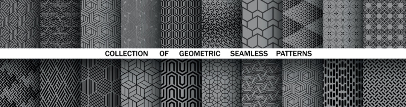 Geometric set of seamless black and gray patterns. Simple vector graphics