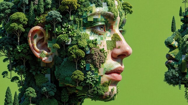 Abstract human face made of pixelated green plants and trees. Digital art portrays nature merging with human form in a vivid green environment. Concept of eco-tech and natural rebirth.