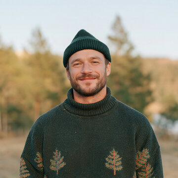 Smiling handsome bearded man wearing green knitted sweater with tree pattern and beanie outdoors in nature
