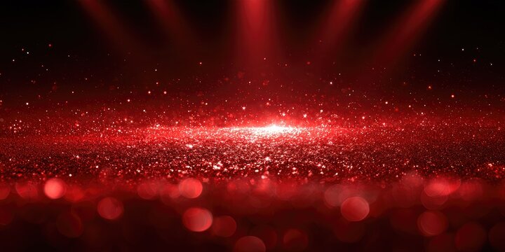 Radiant red glitter and bokeh lights create a dramatic, ethereal atmosphere