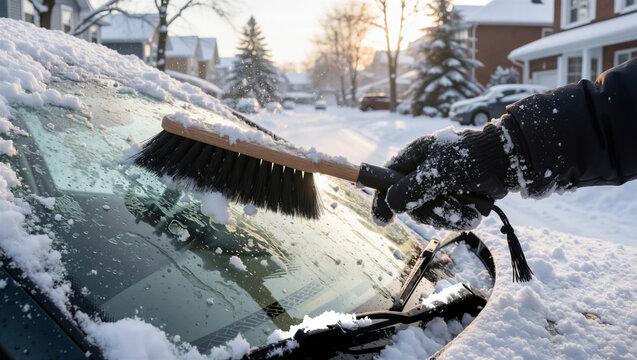 A person cleans snow from a car windshield with a wooden brush. Close-up of hand in glove on a cold winter morning in a suburban neighborhood