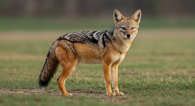 Golden Jackal in Field: A solitary golden jackal stands alert in a grassy field, its sharp gaze fixed forward, showcasing its distinctive markings and wild demeanor.