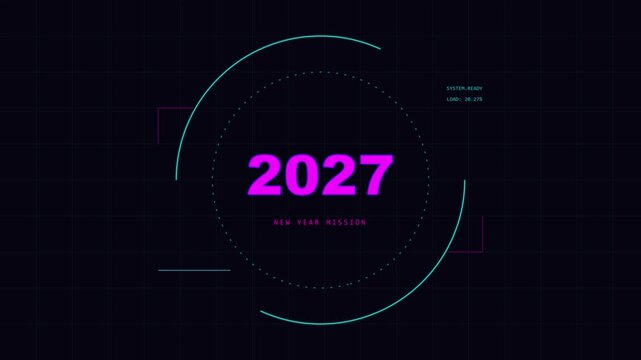 Futuristic neon display shows 2027. Digital circle glows softly against black background. Text reads "New Year Mission" beneath date. Clean, modern, tech-forward aesthetic dominates frame
