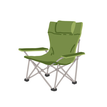 Green folding camping chair. Portable lightweight outdoor seat for picnic or fishing. Hand drawing flat vector illustration. Isolated clipart