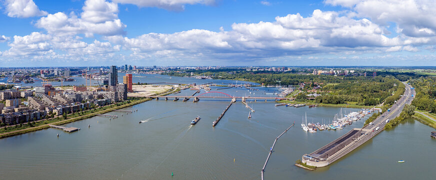 Aerial view of the IJ-tunnel entrance and the IJ river in Amsterdam, Noord-Holland, Netherlands.