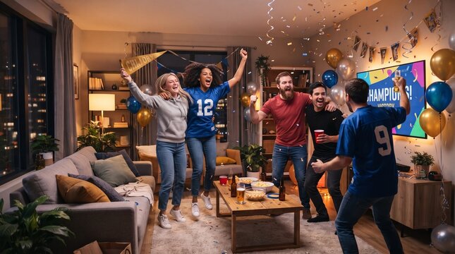 Friends celebrating a victory at a sports game watch party at home. The room is decorated with balloons and banners, and everyone is wearing team jerseys, cheering excitedly