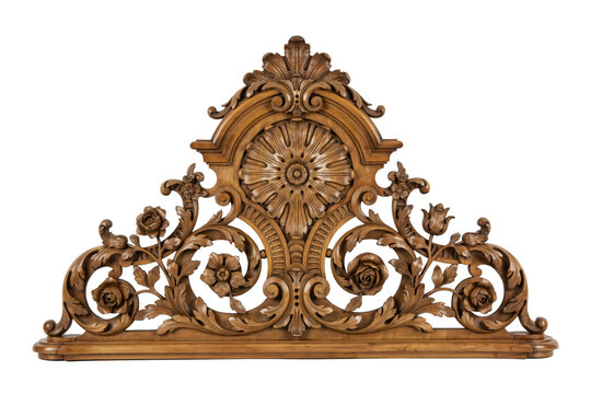 Ornate carved wooden pediment with floral motifs and scrollwork details isolated on a transparent background
