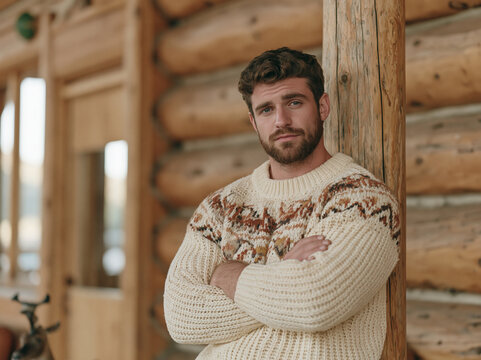 Handsome bearded man wearing a patterned winter sweater standing by a wooden wall of a log cabin