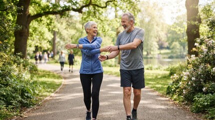Fototapeta premium An older couple enjoys a healthy lifestyle, walking and stretching together in a park on a sunny day. The couple looks happy and active, embracing the outdoors