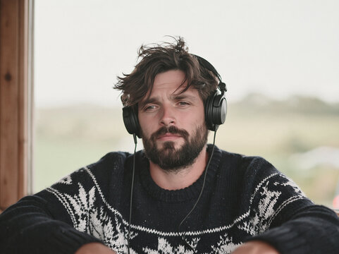 Handsome bearded man wearing a dark patterned winter sweater listening to music with headphones