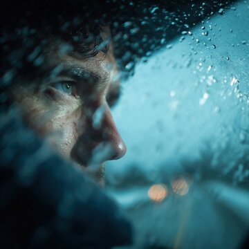 View from the car: rain, wet highway, headlights of an oncoming car.