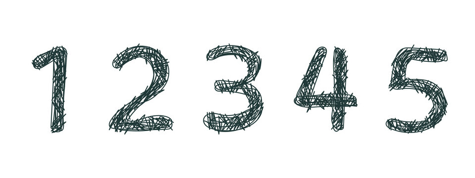 hand drawn textured numbers set (1-5) and mathematical symbols. Black and white doodle sketch font effect for children educational materials