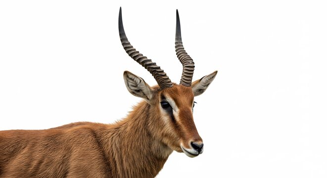 Impala Close-Up: Majestic impala with elegantly curved horns stands proud against a clean white background, showcasing its refined features and wild spirit.
